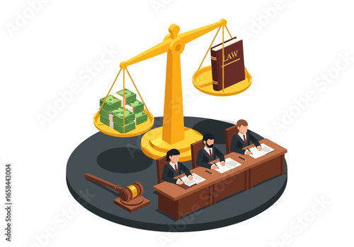 Isometric 3D illustration of justice scale weighing money and law book with judges at desk and gavel, symbolizing legal system, business law, corruption, justice, and corporate governance