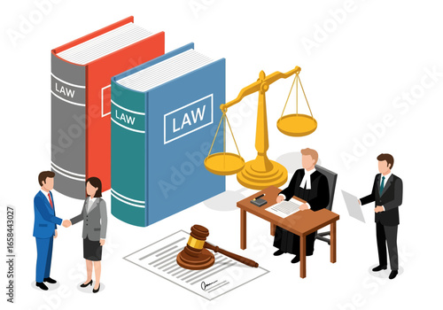 Isometric 3D vector illustration of legal concept with law books, scales of justice, gavel, lawyer at desk, and business, symbolizing law, justice, legal services, and corporate governance