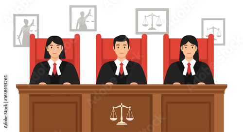 Flat vector illustration of courtroom with three judges sitting at bench, scales of justice, flags, and law symbols, representing justice, corporate law, business governance, and professional legal