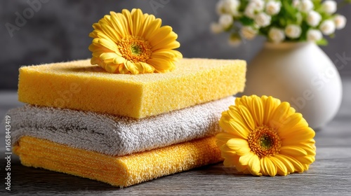 Yellow & White Towels, Sponges, Flowers