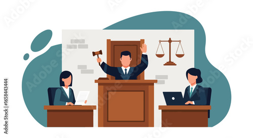 Flat vector illustration of courtroom with judge holding gavel and assistants working on documents and laptops, symbolizing business law, justice, corporate governance, and professional legal services