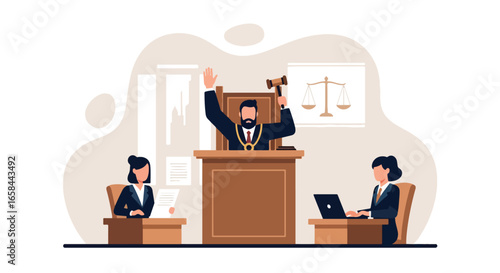 Flat vector illustration of courtroom with judge holding gavel and assistants working on documents and laptops, symbolizing business law, justice, corporate governance, and professional legal services