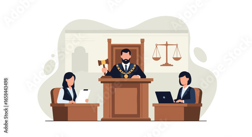 Flat vector illustration of courtroom with judge holding gavel and assistants working on documents and laptops, symbolizing business law, justice, corporate governance, and professional legal services