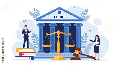 Flat vector illustration of courthouse with scales of justice, gavel, law books, and business professionals, symbolizing corporate law, legal services, business regulation, and governance