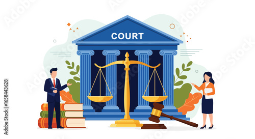 Flat vector illustration of courthouse with scales of justice, gavel, law books, and business professionals, symbolizing corporate law, legal services, business regulation, and governance