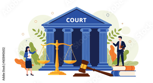 Flat vector illustration of courthouse with scales of justice, gavel, law books, and business professionals, symbolizing corporate law, legal services, business regulation, and governance
