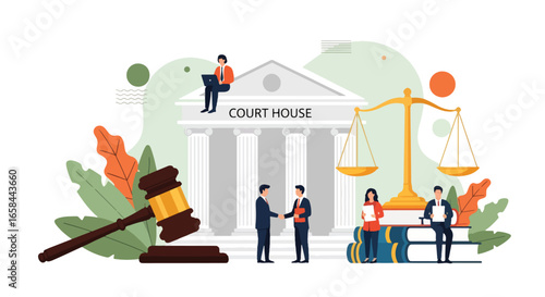 Flat vector illustration of courthouse with gavel, scales of justice, lawyers, and business professionals, symbolizing corporate law, justice, business agreement, legal services, and governance