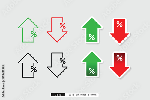 Percent with arrow icons isolated, include directions, up and down symbols. Perfect for UI design, app interfaces and infographic elements.