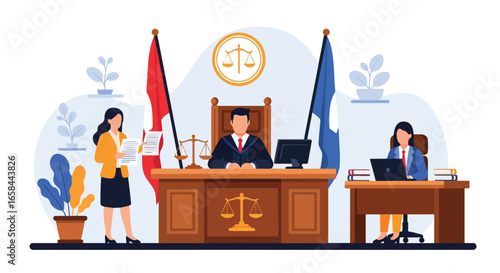 Flat vector illustration of a courtroom scene with judge, lawyer, and secretary, featuring documents, flags, and scales of justice, symbolizing law, corporate governance, business regulation, justice
