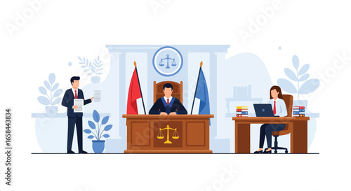 Flat vector illustration of a courtroom scene with judge, lawyer, and secretary, featuring documents, flags, and scales of justice, symbolizing law, corporate governance, business regulation, justice