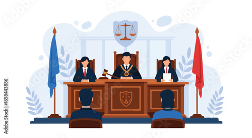 Flat vector illustration of courtroom session with judge, lawyers, and clients, featuring gavel, scales of justice, and flags, symbolizing business law, corporate governance, and legal services