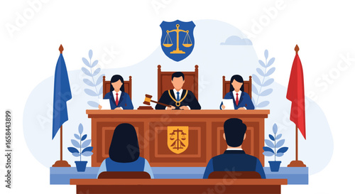 Flat vector illustration of courtroom session with judge, lawyers, and clients, featuring gavel, scales of justice, and flags, symbolizing business law, corporate governance, and legal services