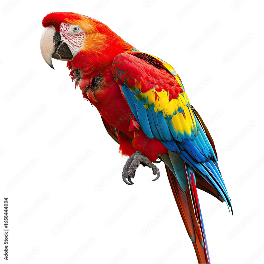 Fototapeta premium and keyword list based on the image.. Scarlet Macaw Bird Perching Naturally in Tropical Rainforest Environment.