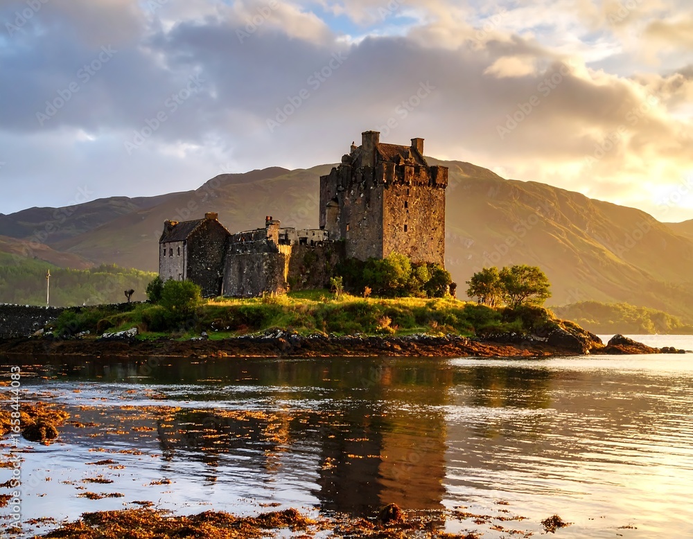 Fototapeta premium Majestic Eilean Donan Castle illuminated by golden sunset light, reflecting in calm waters.