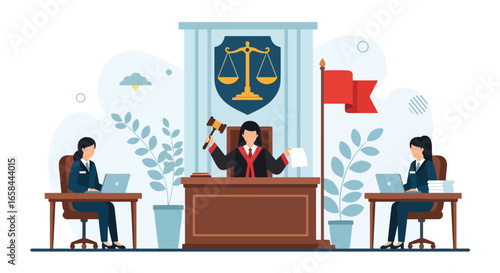 Flat vector illustration of courtroom scene with judge holding gavel and lawyers working on laptops, symbolizing law, justice, corporate governance, business regulation, and legal services