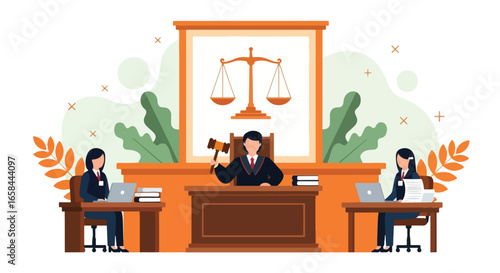 Flat vector illustration of courtroom scene with judge holding gavel and lawyers working on laptops, symbolizing law, justice, corporate governance, business regulation, and legal services