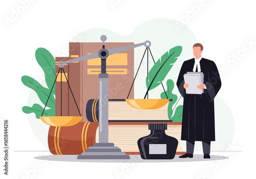 Flat vector illustration of a lawyer in court with justice scales, legal books, ink pen, and documents, symbolizing law, business justice, corporate legal services, and professional authority