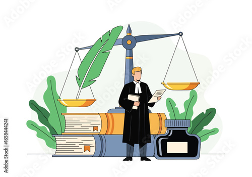 Flat vector illustration of a lawyer in court with justice scales, legal books, ink pen, and documents, symbolizing law, business justice, corporate legal services, and professional authority