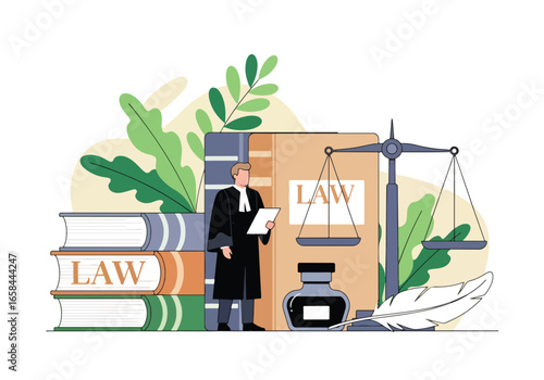 Flat vector illustration of a lawyer in court with justice scales, legal books, ink pen, and documents, symbolizing law, business justice, corporate legal services, and professional authority