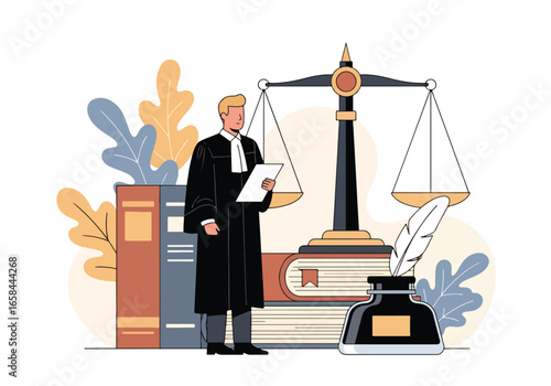 Flat vector illustration of a lawyer in court with justice scales, legal books, ink pen, and documents, symbolizing law, business justice, corporate legal services, and professional authority