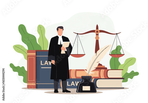 Flat vector illustration of a lawyer in court with justice scales, legal books, ink pen, and documents, symbolizing law, business justice, corporate legal services, and professional authority