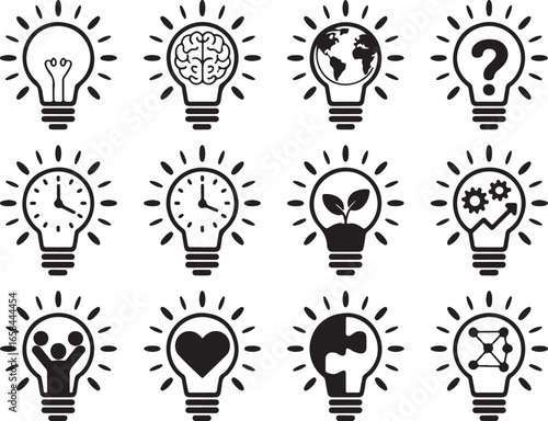 Collection of Light Bulb Icons Representing Ideas and Innovation Concepts