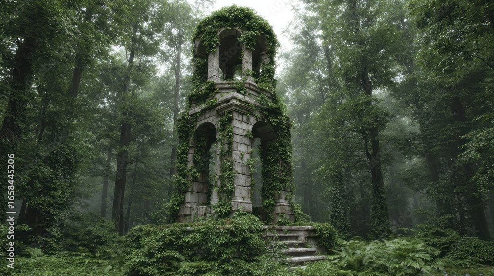 Obraz premium Stone tower overgrown with ivy in misty forest
