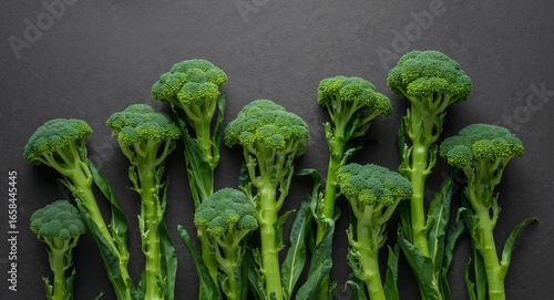 Fresh Green Broccolini Stems and Florets Displayed on a Dark Textured Surface.