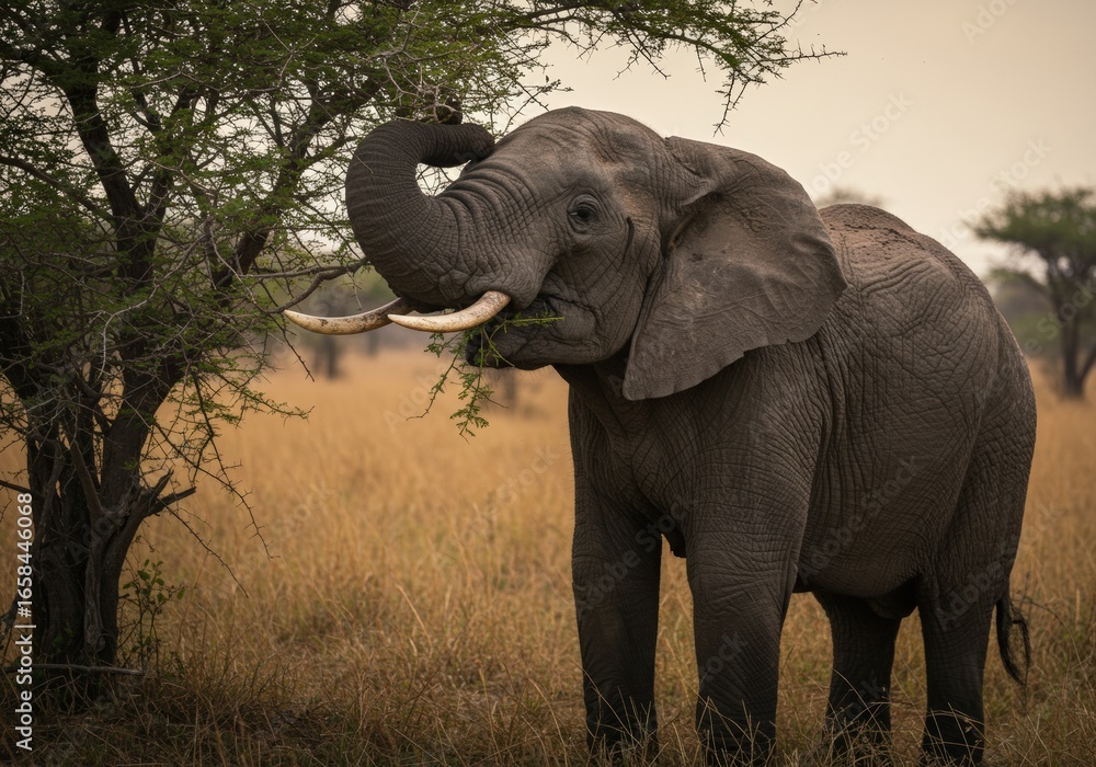 Obraz premium A large African elephant roaming freely in the Serengeti savannah, golden dry grassland with scattered acacia trees, distant hills, clear blue sky with soft clouds, realistic wildlife photography, hig