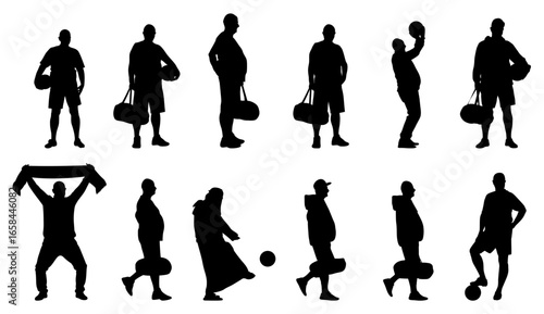 Vector set of basketball players standing with bags in different styles. Vector of basketball players that can be used in various sporting events.
