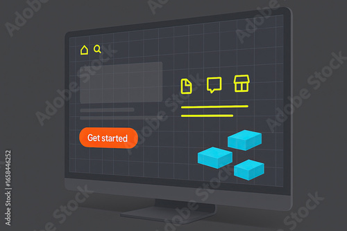 Computer monitor displaying user interface mockup with vibrant colors and interactive elements