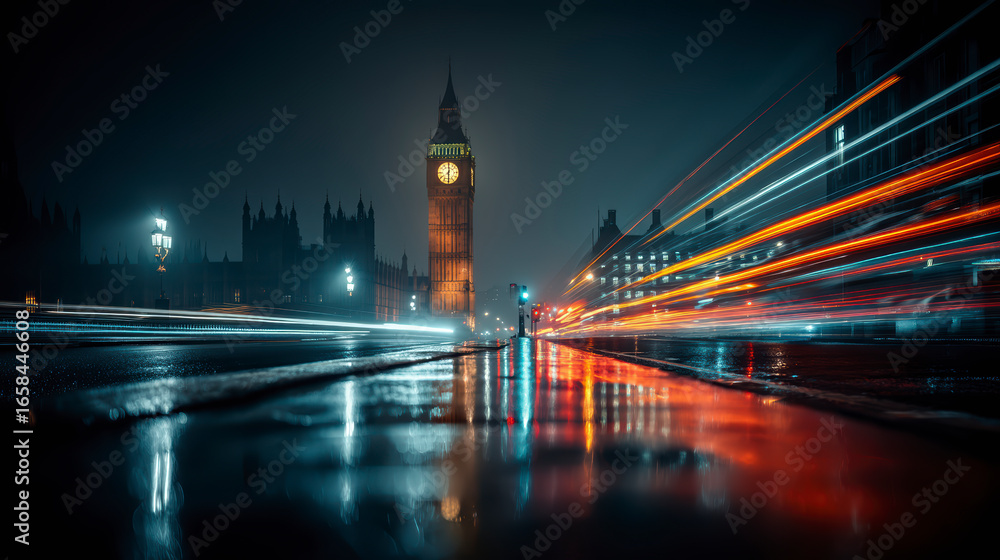 Fototapeta premium A rainy night at Westminster, featuring blurred traffic lights streaking past the illuminated Big Ben in London.