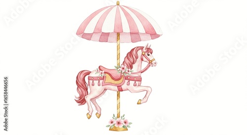 Watercolor illustration of a carousel horse with flowers and a striped umbrella in pastel pink and gold on a white background.