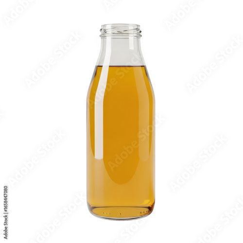 Apple juice in a glass bottle isolated on transparent background, studio shot