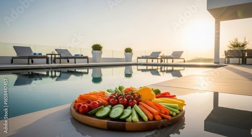 Healthy vegetable platter by the pool at sunset, a refreshing summer snack