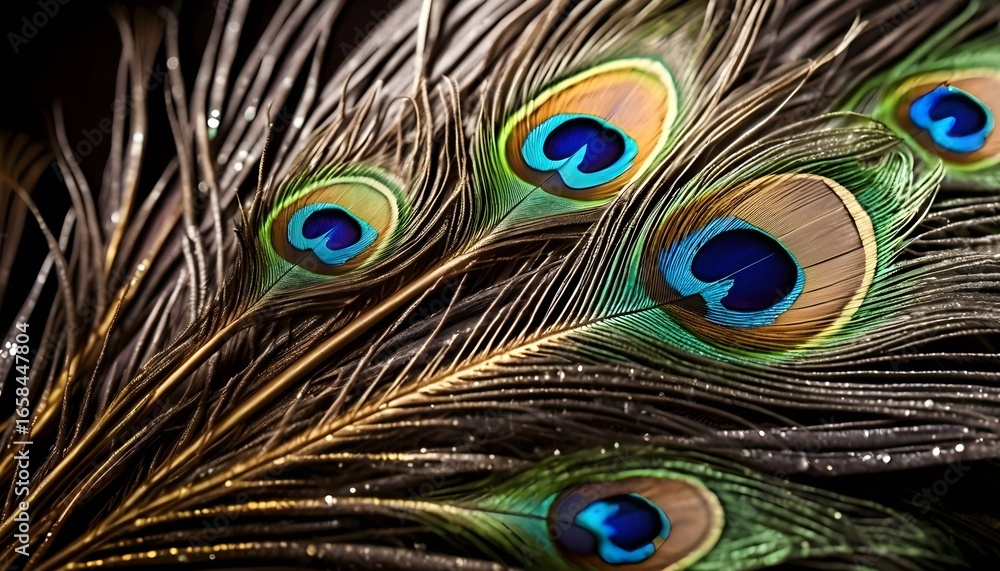 Fototapeta premium Detailed Close-up of Majestic Peacock Feathers, Vibrant Blue and Green Eyespots with Golden Sparkles, Luxury and Elegance Concept for Design.