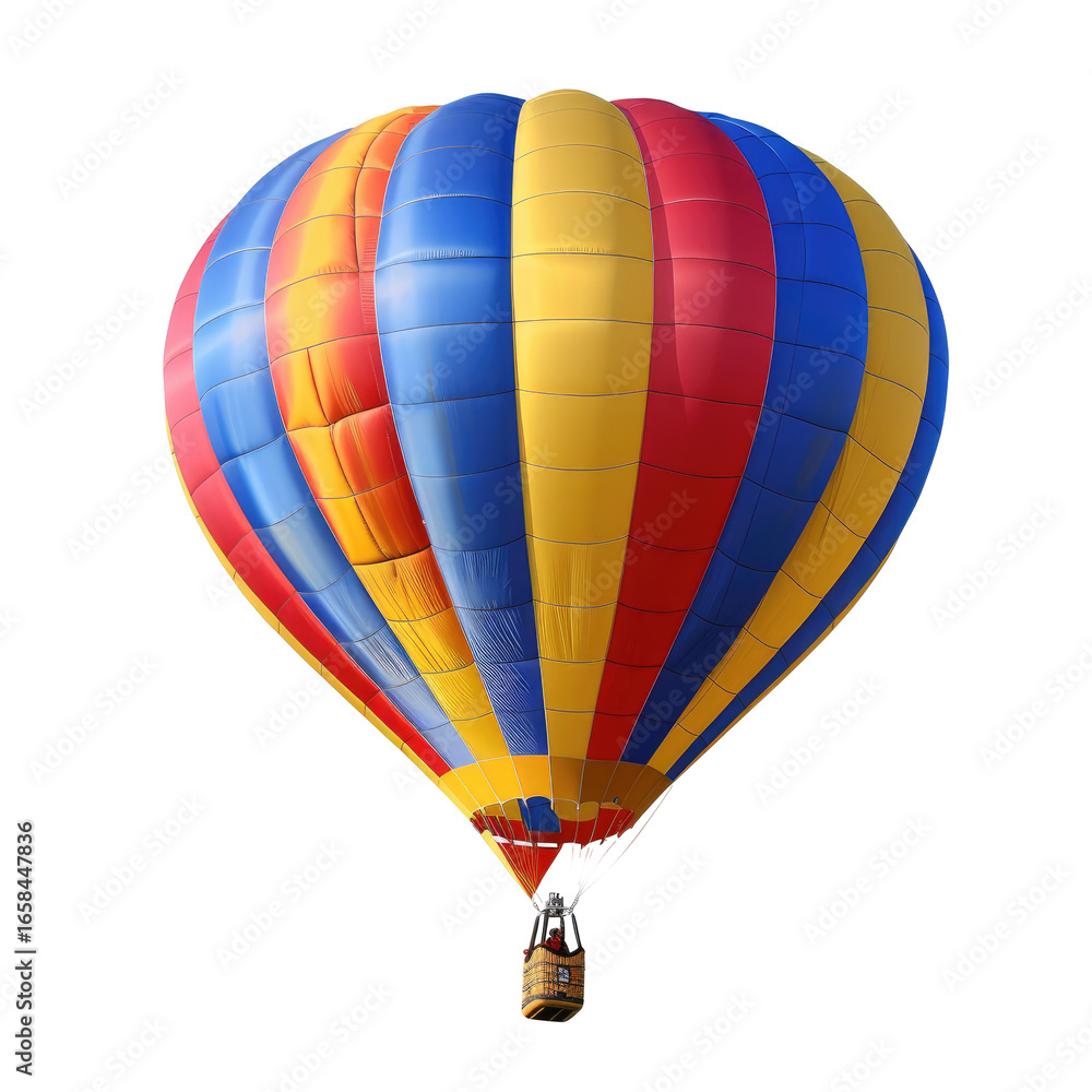 Fototapeta premium Colorful hot air balloon against a black background. Striped balloon in red, blue, and yellow. Basket below