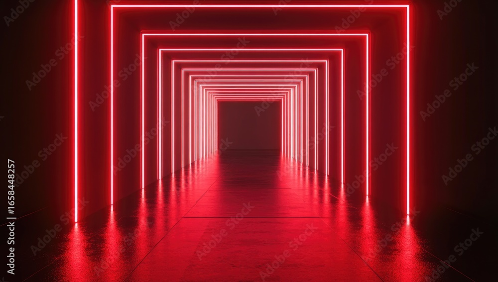 Fototapeta premium Glowing red neon lights in a dark, empty, futuristic corridor background, an AI generative technology concept.