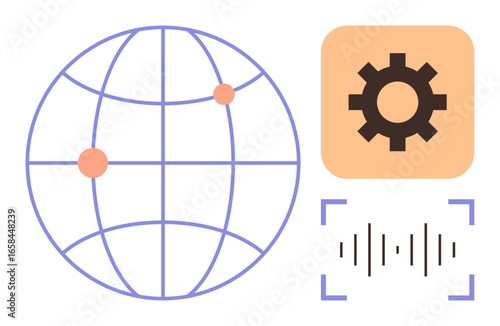 Spherical grid with dots, gear icon, and audio waveform. Ideal for technology, innovation, communication, data sharing, global networks sound analysis digital systems. Simple flat metaphor