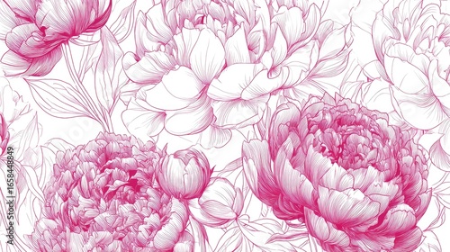 Detailed illustration of pink peonies with white background.