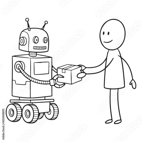 Robot delivering package to person, black and white line art