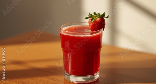 Wallpaper Mural Refreshing Strawberry Juice. A Vibrant Red Beverage Garnished with Fresh Strawberry. Torontodigital.ca