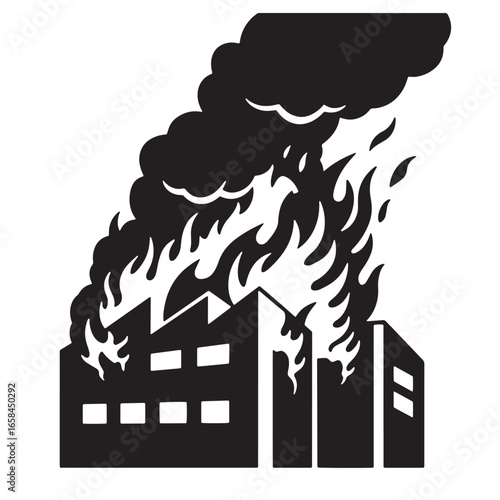 Burning building silhouette depicting fire disaster and smoke in simple black and white illustration