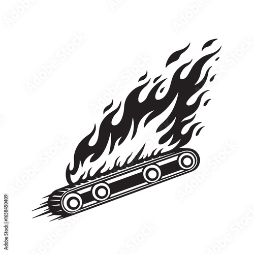 Burning conveyor belt illustration black and white vector depicting industrial metaphor