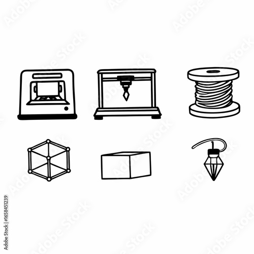 Illustration of 3d printing icons, showcasing various aspects of additive manufacturing process