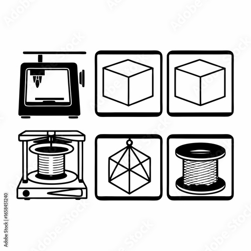 Illustration of 3d printing icons, showcasing various aspects of additive manufacturing process