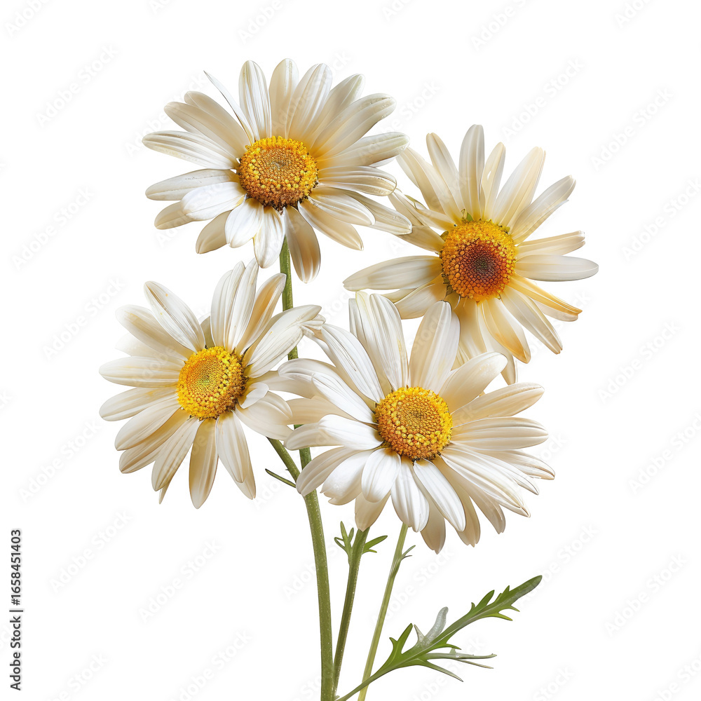 Obraz premium and list of keywords for the image you provided.. Daisies Blooming - Four White Flowers in Bunch - Garden Background, Flora