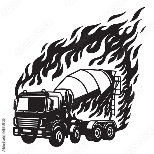 Concrete mixer truck engulfed in flames monochrome construction vehicle illustration