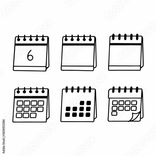 Set of calendar icons in black and white isolated on white background for planning and scheduling