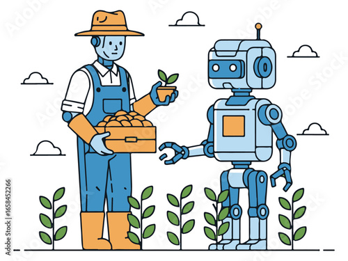 Robot farmer exchanging plants with another robot in a field, vector illustration